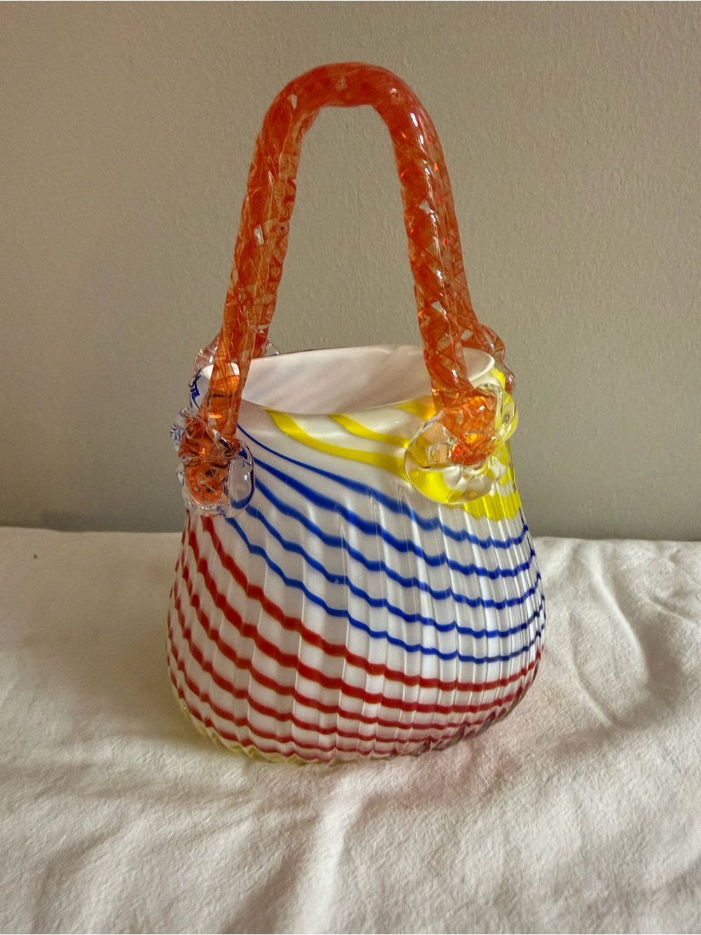 Vintage Murano Style Rainbow Art Glass Purse Vase Hand Blown